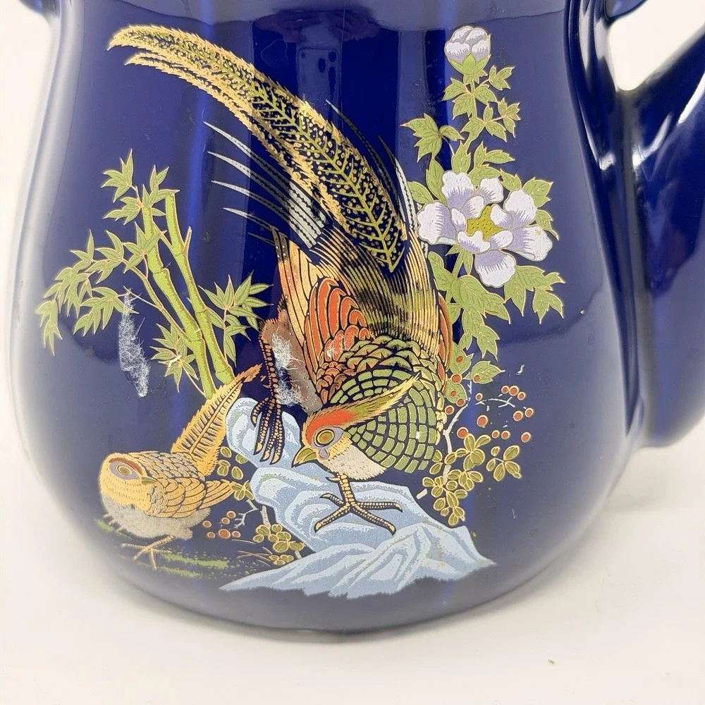 Vintage Japanese Cobalt Blue Gold Teapot Pheasant Bamboo Rattan Handle 7.5
